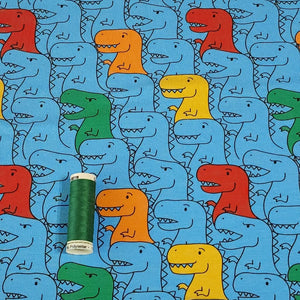 Dinosaur Cotton Spandex European Knit Fabric, Colorful T Rex Dino Fabric, Nice Quality Soft Fabric, 4-way Stretch. Sold by the 1/2 yard.