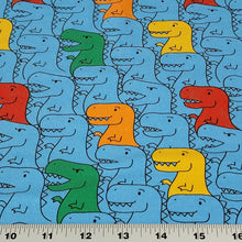 Load image into Gallery viewer, Dinosaur Cotton Spandex European Knit Fabric, Colorful T Rex Dino Fabric, Nice Quality Soft Fabric, 4-way Stretch. Sold by the 1/2 yard.
