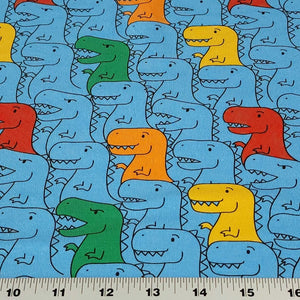 Dinosaur Cotton Spandex European Knit Fabric, Colorful T Rex Dino Fabric, Nice Quality Soft Fabric, 4-way Stretch. Sold by the 1/2 yard.