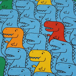 Dinosaur Cotton Spandex European Knit Fabric, Colorful T Rex Dino Fabric, Nice Quality Soft Fabric, 4-way Stretch. Sold by the 1/2 yard.