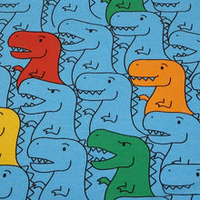 Load image into Gallery viewer, Dinosaur Cotton Spandex European Knit Fabric, Colorful T Rex Dino Fabric, Nice Quality Soft Fabric, 4-way Stretch. Sold by the 1/2 yard.
