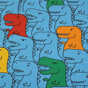 Dinosaur Cotton Spandex European Knit Fabric, Colorful T Rex Dino Fabric, Nice Quality Soft Fabric, 4-way Stretch. Sold by the 1/2 yard.