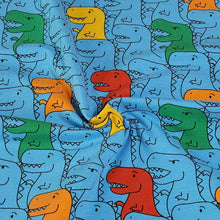 Load image into Gallery viewer, Dinosaur Cotton Spandex European Knit Fabric, Colorful T Rex Dino Fabric, Nice Quality Soft Fabric, 4-way Stretch. Sold by the 1/2 yard.
