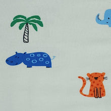 Load image into Gallery viewer, Jungle Print Cotton Jersey Knit Fabric, Giraffe, Crocodile, and Hippo Fabric on Mint. European Sourced, 4-way Stretch. Sold by the 1/2 yard.
