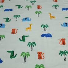 Load image into Gallery viewer, Jungle Print Cotton Jersey Knit Fabric, Giraffe, Crocodile, and Hippo Fabric on Mint. European Sourced, 4-way Stretch. Sold by the 1/2 yard.
