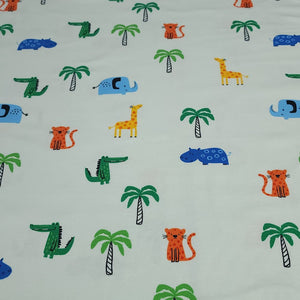 Jungle Print Cotton Jersey Knit Fabric, Giraffe, Crocodile, and Hippo Fabric on Mint. European Sourced, 4-way Stretch. Sold by the 1/2 yard.