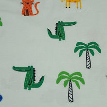 Load image into Gallery viewer, Jungle Print Cotton Jersey Knit Fabric, Giraffe, Crocodile, and Hippo Fabric on Mint. European Sourced, 4-way Stretch. Sold by the 1/2 yard.
