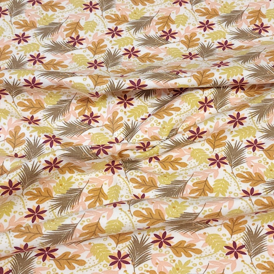 Organic Cotton Jersey Knit Berry and Beige Floral. European Quality Knit Fabric. Quality Soft Fabric, 4-way Stretch. Sold by the 1/2 yard.