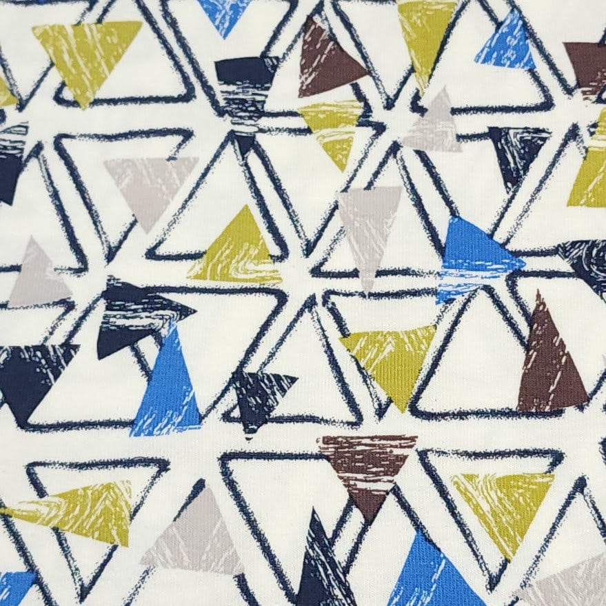 Jersey Knit Fabric Geometric Triangle Design. Cotton Spandex European Knit, Nice Quality Soft Fabric, 4-way Stretch. Sold by the 1/2 yard.