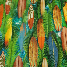 Load image into Gallery viewer, Surf Board Cotton Jersey Knit Fabric. Surf&#39;s Up Fun European Quality Knit Fabric. Quality Soft Fabric, 4-way Stretch. Sold by the 1/2 yard.
