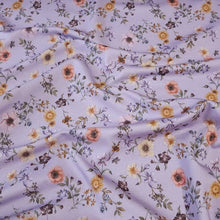 Load image into Gallery viewer, Cotton Jersey Knit Purple Lilac Floral. Cotton Spandex Euro Knit Fabric. Nice Quality Soft Fabric, 4-way Stretch. Sold by the 1/2 yard.
