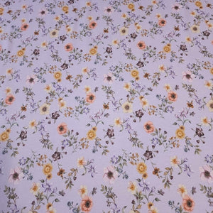 Cotton Jersey Knit Purple Lilac Floral. Cotton Spandex Euro Knit Fabric. Nice Quality Soft Fabric, 4-way Stretch. Sold by the 1/2 yard.