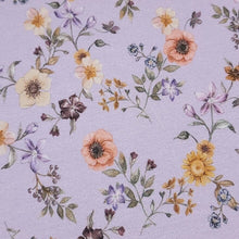 Load image into Gallery viewer, Cotton Jersey Knit Purple Lilac Floral. Cotton Spandex Euro Knit Fabric. Nice Quality Soft Fabric, 4-way Stretch. Sold by the 1/2 yard.
