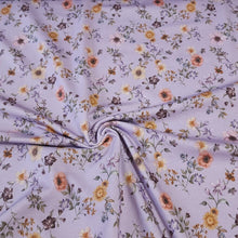 Load image into Gallery viewer, Cotton Jersey Knit Purple Lilac Floral. Cotton Spandex Euro Knit Fabric. Nice Quality Soft Fabric, 4-way Stretch. Sold by the 1/2 yard.
