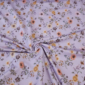 Cotton Jersey Knit Purple Lilac Floral. Cotton Spandex Euro Knit Fabric. Nice Quality Soft Fabric, 4-way Stretch. Sold by the 1/2 yard.