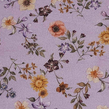 Load image into Gallery viewer, Cotton Jersey Knit Purple Lilac Floral. Cotton Spandex Euro Knit Fabric. Nice Quality Soft Fabric, 4-way Stretch. Sold by the 1/2 yard.
