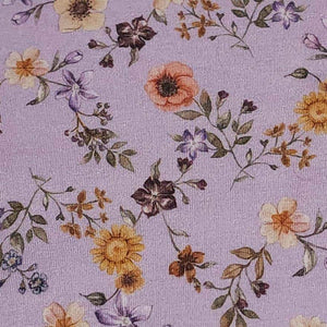 Cotton Jersey Knit Purple Lilac Floral. Cotton Spandex Euro Knit Fabric. Nice Quality Soft Fabric, 4-way Stretch. Sold by the 1/2 yard.