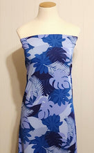 Load image into Gallery viewer, SWIM Fabric: Nylon Spandex Knit, Tropical Leaf Pattern in Varigated Blue. Very Nice Quality Activewear and Swim Fabric. Sold by the 1/2 yard
