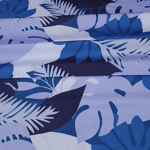 SWIM Fabric: Nylon Spandex Knit, Tropical Leaf Pattern in Varigated Blue. Very Nice Quality Activewear and Swim Fabric. Sold by the 1/2 yard