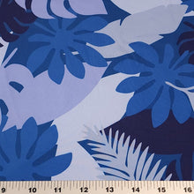 Load image into Gallery viewer, SWIM Fabric: Nylon Spandex Knit, Tropical Leaf Pattern in Varigated Blue. Very Nice Quality Activewear and Swim Fabric. Sold by the 1/2 yard
