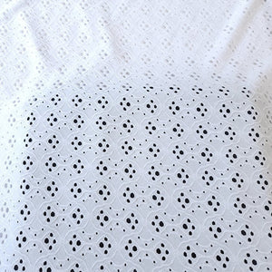 White Eyelet Poly Spandex Knit Fabric, Stretch Knit Fabric, 55 inches Wide. Ideal for Apparel and Home Decor. Sold by the 1/2 yard.