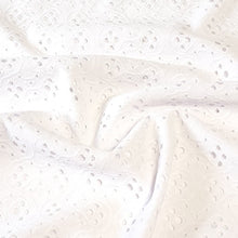 Load image into Gallery viewer, White Eyelet Poly Spandex Knit Fabric, Stretch Knit Fabric, 55 inches Wide. Ideal for Apparel and Home Decor. Sold by the 1/2 yard.
