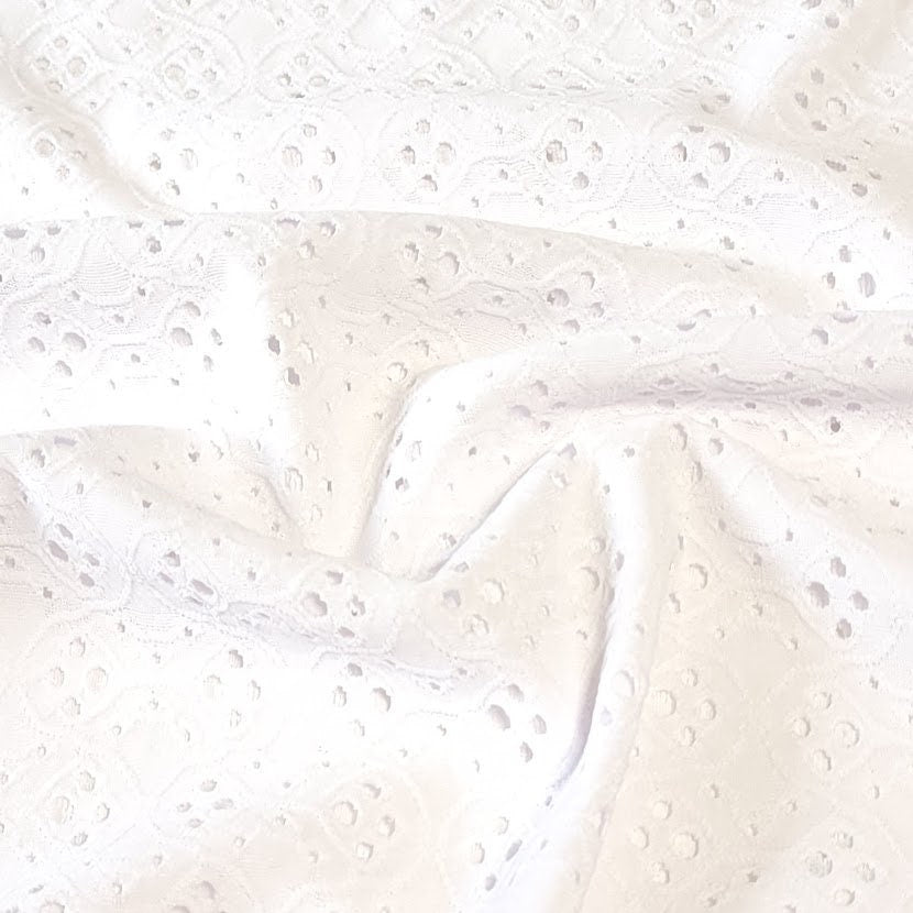 White Eyelet Poly Spandex Knit Fabric, Stretch Knit Fabric, 55 inches Wide. Ideal for Apparel and Home Decor. Sold by the 1/2 yard.