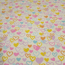 Load image into Gallery viewer, Cotton Knit Jersey Fabric, Cute Colorful Heart Fabric, Children&#39;s Apparel, European Sourced Fabric, 4 Way Stretch, Sold by the 1/2 yard
