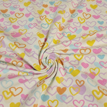 Load image into Gallery viewer, Cotton Knit Jersey Fabric, Cute Colorful Heart Fabric, Children&#39;s Apparel, European Sourced Fabric, 4 Way Stretch, Sold by the 1/2 yard
