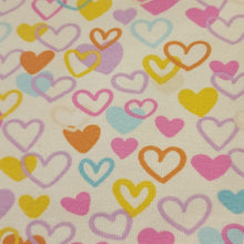 Load image into Gallery viewer, Cotton Knit Jersey Fabric, Cute Colorful Heart Fabric, Children&#39;s Apparel, European Sourced Fabric, 4 Way Stretch, Sold by the 1/2 yard
