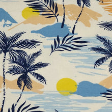 Load image into Gallery viewer, Cotton Knit Jersey Fabric, Tropical Palm and Ocean Print, Perfect for Apparel, European Sourced Fabric, 4 Way Stretch, Sold by the 1/2 yard
