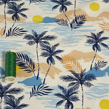 Load image into Gallery viewer, Cotton Knit Jersey Fabric, Tropical Palm and Ocean Print, Perfect for Apparel, European Sourced Fabric, 4 Way Stretch, Sold by the 1/2 yard
