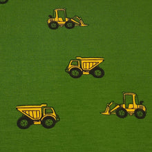 Load image into Gallery viewer, Cotton Knit Jersey Fabric, Construction Truck Print Fabric, Children&#39;s Apparel, European Sourced Fabric, 4 Way Stretch, Sold by the 1/2 yard
