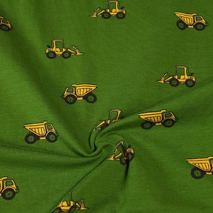 Cotton Knit Jersey Fabric, Construction Truck Print Fabric, Children's Apparel, European Sourced Fabric, 4 Way Stretch, Sold by the 1/2 yard