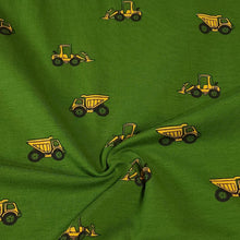 Load image into Gallery viewer, Cotton Knit Jersey Fabric, Construction Truck Print Fabric, Children&#39;s Apparel, European Sourced Fabric, 4 Way Stretch, Sold by the 1/2 yard
