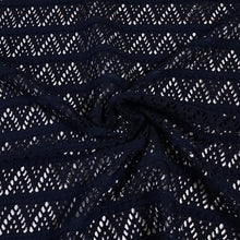 Load image into Gallery viewer, Navy Blue 2 Way Stretch Lace, Blue Swim Coverup Fabric, Navy Embroidered Look Triangle Design Lace. Polyester Spandex, Sold by the 1/2 yard
