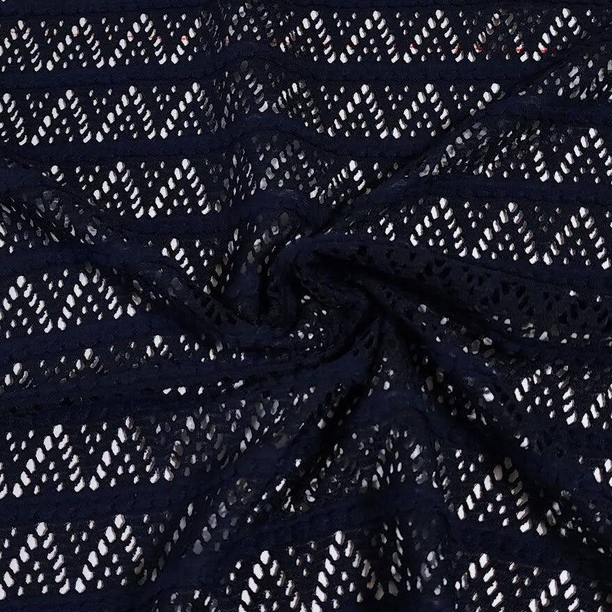 Navy Blue 2 Way Stretch Lace, Blue Swim Coverup Fabric, Navy Embroidered Look Triangle Design Lace. Polyester Spandex, Sold by the 1/2 yard