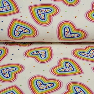 Rainbow Hearts Jersey Knit Fabric Perfect for Valentine's Day. Cotton Spandex 4 Way Stretch Knit - European Import - Sold By The 1/2 Yard