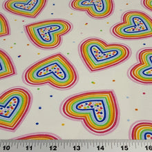 Load image into Gallery viewer, Rainbow Hearts Jersey Knit Fabric Perfect for Valentine&#39;s Day. Cotton Spandex 4 Way Stretch Knit - European Import - Sold By The 1/2 Yard
