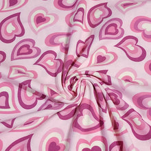 Load image into Gallery viewer, Pink Purple Heart Jersey Knit Fabric Perfect for Valentine&#39;s Day. Cotton Spandex 4 Way Stretch Knit - European Import - Sold By The 1/2 Yard
