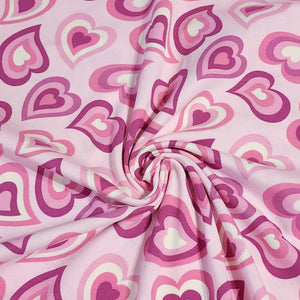 Pink Purple Heart Jersey Knit Fabric Perfect for Valentine's Day. Cotton Spandex 4 Way Stretch Knit - European Import - Sold By The 1/2 Yard