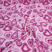 Load image into Gallery viewer, Pink Purple Heart Jersey Knit Fabric Perfect for Valentine&#39;s Day. Cotton Spandex 4 Way Stretch Knit - European Import - Sold By The 1/2 Yard
