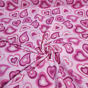 Pink Purple Heart Jersey Knit Fabric Perfect for Valentine's Day. Cotton Spandex 4 Way Stretch Knit - European Import - Sold By The 1/2 Yard