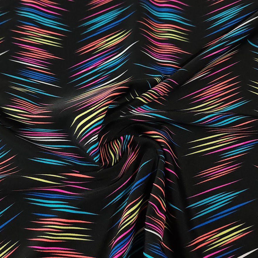 Swim Fabric - Black Swimsuit Fabric, Bright and Colorful Neon Stripes, Perfect for Swimwear Activewear- 4 Way Stretch - Sold by the 1/2 Yard