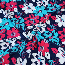 Load image into Gallery viewer, Swim Fabric - Tropical Red and Blue Floral Fabric for Swimwear and Activewear- Perfect for Swimsuits, 4 Way Stretch - Sold by the 1/2 Yard
