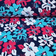 Load image into Gallery viewer, Swim Fabric - Tropical Red and Blue Floral Fabric for Swimwear and Activewear- Perfect for Swimsuits, 4 Way Stretch - Sold by the 1/2 Yard
