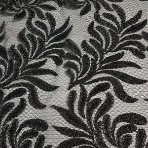 Beautiful Black Glittery Lace leaves on Gray Fishnet Lace, Unique and Trendy Lace, Ideal for Apparel and Home Decor. Sold by the 1/2 yard.