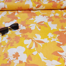 Load image into Gallery viewer, Tropical Yellow and Orange Linen Cotton Blend Fabric, Bright and Fun Summer Breathable Fabric. Lightweight Woven, Sold by the 1/2 yard
