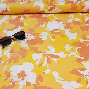 Tropical Yellow and Orange Linen Cotton Blend Fabric, Bright and Fun Summer Breathable Fabric. Lightweight Woven, Sold by the 1/2 yard