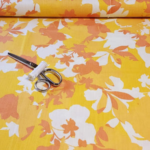 Tropical Yellow and Orange Linen Cotton Blend Fabric, Bright and Fun Summer Breathable Fabric. Lightweight Woven, Sold by the 1/2 yard